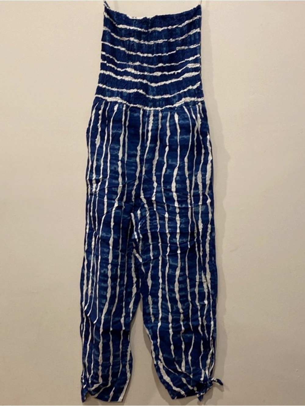 Striped Navy Blue Smocked Jumpsuit